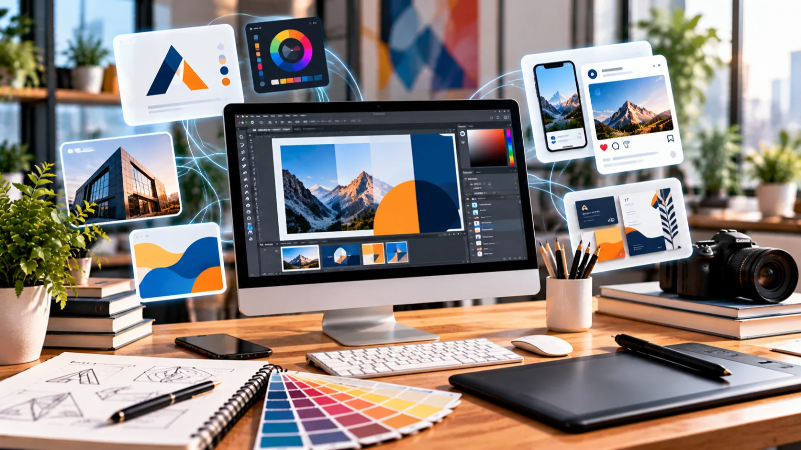 Graphic design services team creating logos, brand identity, and UI/UX in Figma and Adobe
