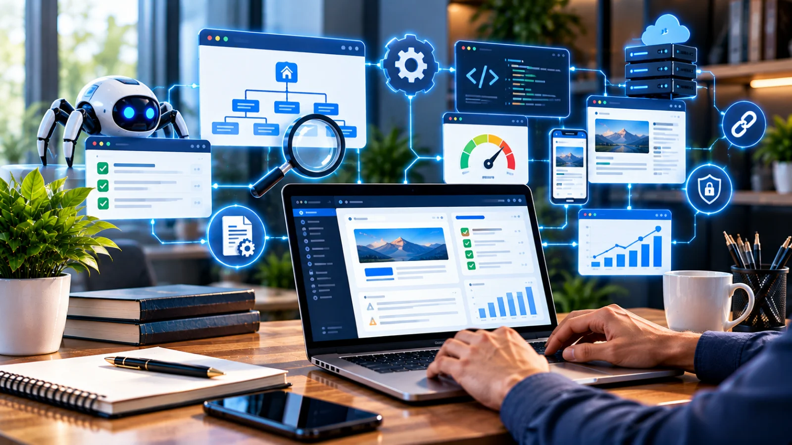 Technical SEO services team auditing website infrastructure, Core Web Vitals, and crawlability